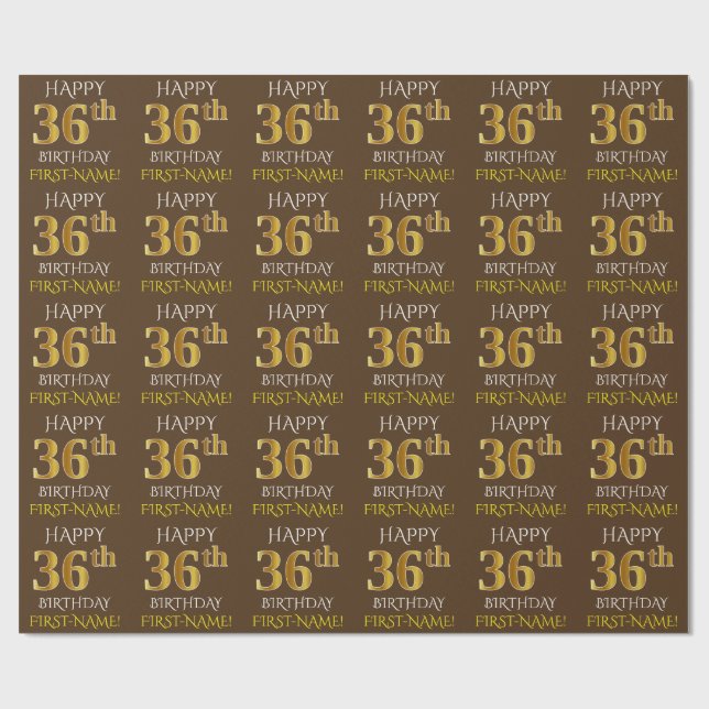 Papier Cadeau Brown, Faux Gold "HAPPY 36th BIRTHDAY" (Plat)
