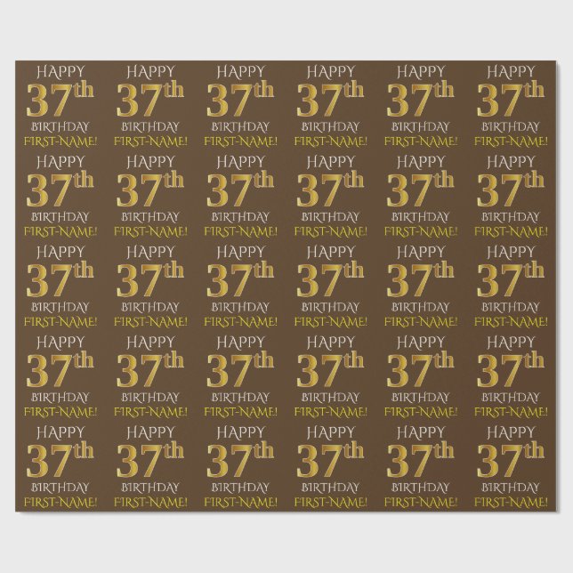 Papier Cadeau Brown, Faux Gold "HAPPY 37th BIRTHDAY" (Plat)