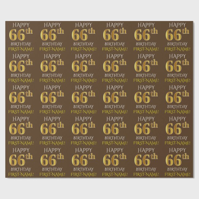 Papier Cadeau Brown, Faux Gold "HAPPY 66th BIRTHDAY" (Plat)