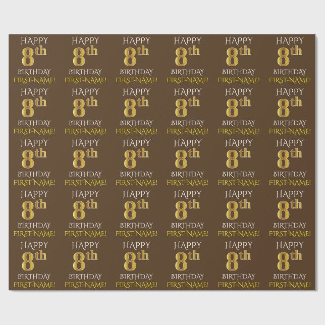 Papier Cadeau Brown, Faux Gold "HAPPY 8th BIRTHDAY" (Plat)