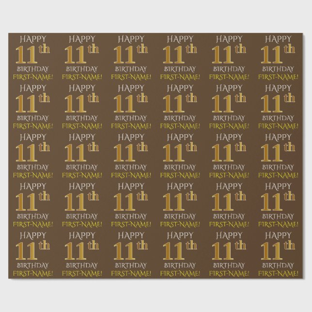 Papier Cadeau Brown, Faux Gold "HEUREUX 11e ANNIVERSAIRE" (Plat)