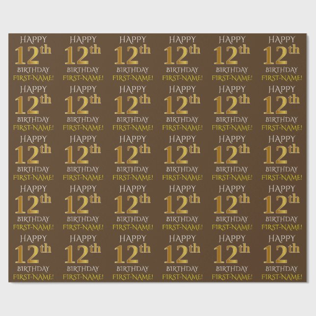 Papier Cadeau Brown, Faux Gold "HEUREUX 12ème anniversaire" (Plat)