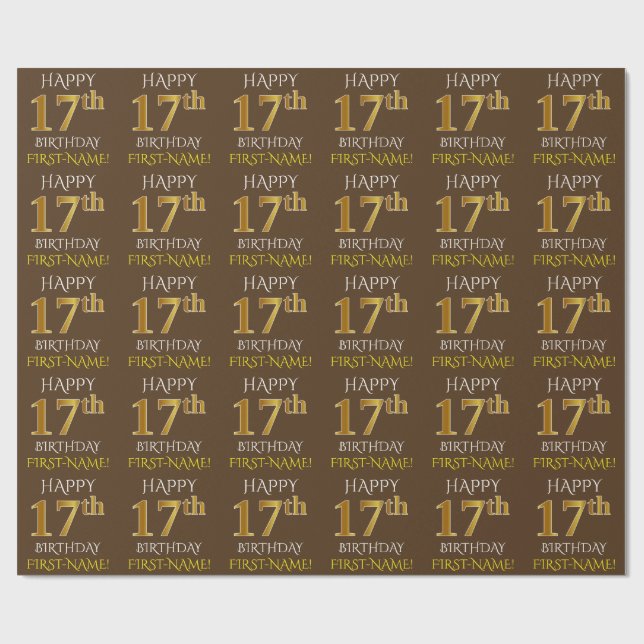 Papier Cadeau Brown, Faux Gold "HEUREUX 17ème anniversaire" (Plat)