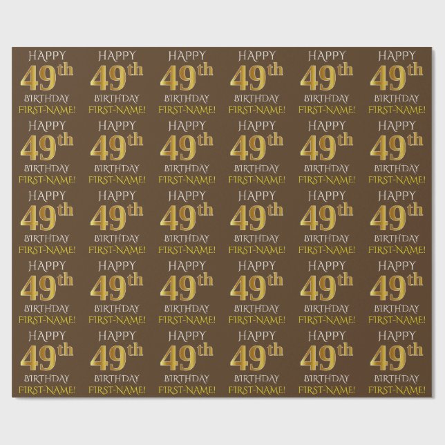 Papier Cadeau Brown, Faux Gold "HEUREUX 49e ANNIVERSAIRE" (Plat)