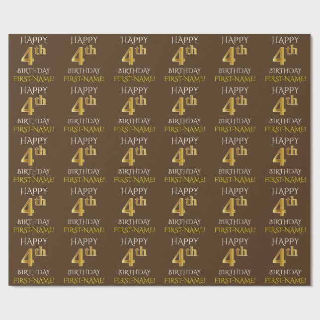 Papier Cadeau Brown, Faux Gold "HEUREUX 4ème anniversaire" (Plat)
