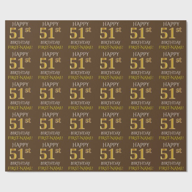 Papier Cadeau Brown, Faux Gold "HEUREUX 51ème anniversaire" (Plat)