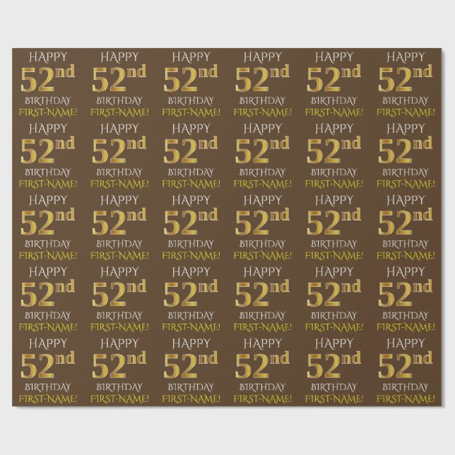 Papier Cadeau Brown, Faux Gold "HEUREUX 52e anniversaire" (Plat)