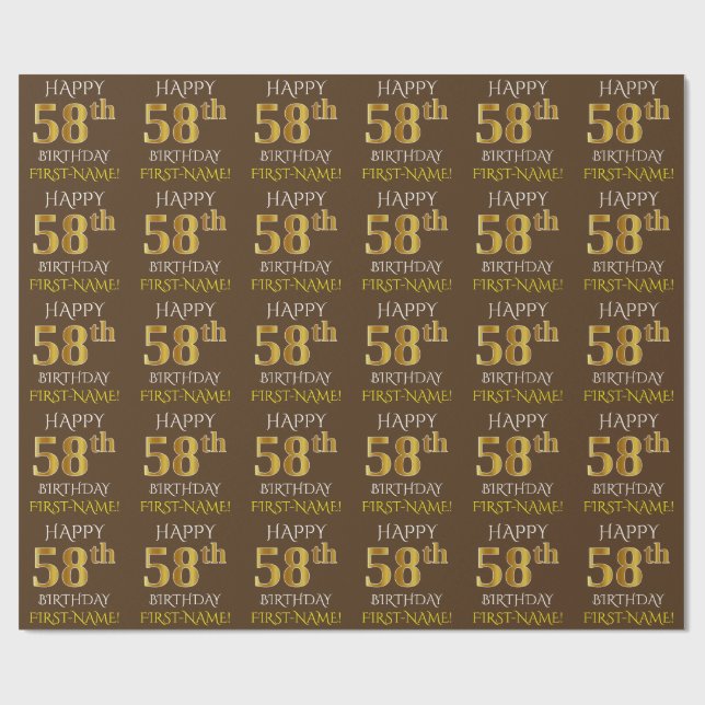 Papier Cadeau Brown, Faux Gold "HEUREUX 58e ANNIVERSAIRE" (Plat)