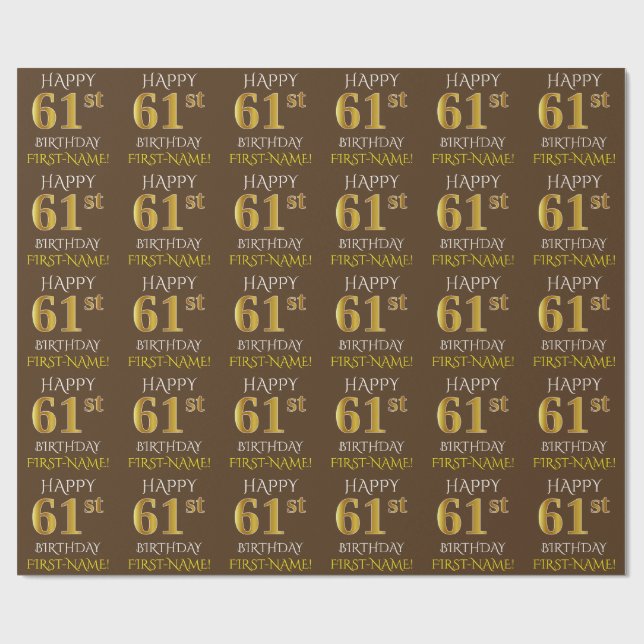 Papier Cadeau Brown, Faux Gold "HEUREUX 61ème ANNIVERSAIRE" (Plat)