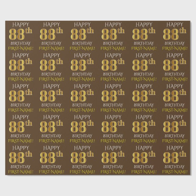 Papier Cadeau Brown, Faux Gold "HEUREUX 88e ANNIVERSAIRE" (Plat)