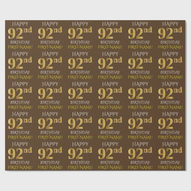 Papier Cadeau Brown, Faux Gold "HEUREUX 92e anniversaire" (Plat)