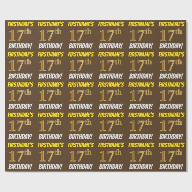 Papier Cadeau Brown, Faux/Imitation Gold, "17e anniversaire" (Plat)