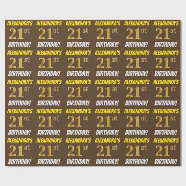 Papier Cadeau Brown, Faux/Imitation Gold, "21e ANNIVERSAIRE" (Plat)