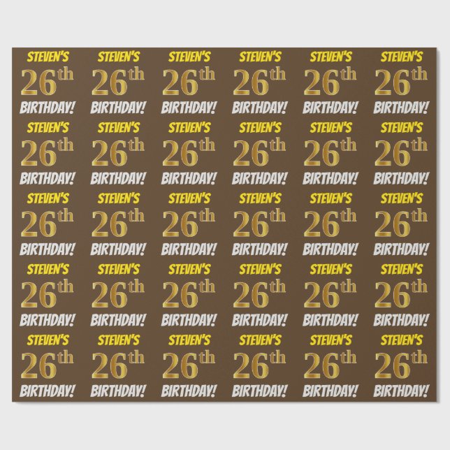 Papier Cadeau Brown, Faux/Imitation Gold, "26e ANNIVERSAIRE" (Plat)