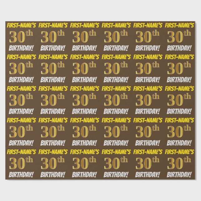 Papier Cadeau Brown, Faux/Imitation Gold, "30e ANNIVERSAIRE" (Plat)