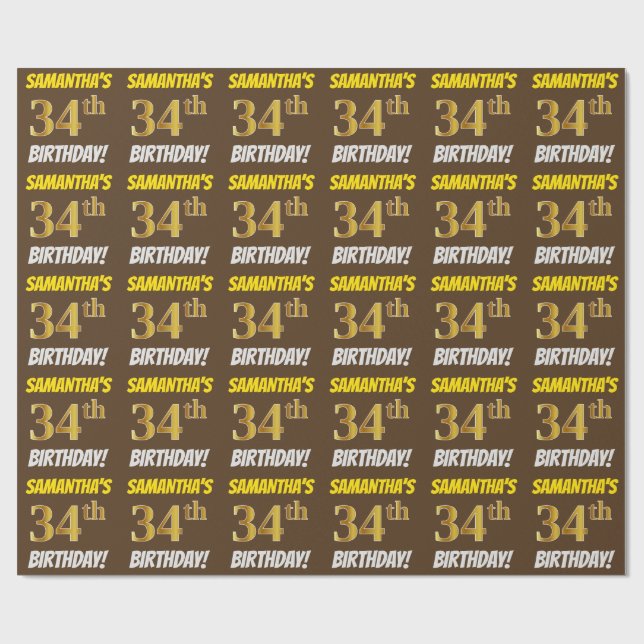 Papier Cadeau Brown, Faux/Imitation Gold, "34e anniversaire" (Plat)