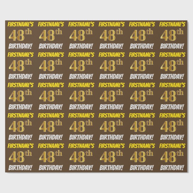 Papier Cadeau Brown, Faux/Imitation Gold, "48e ANNIVERSAIRE" (Plat)