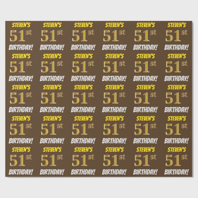 Papier Cadeau Brown, Faux/Imitation Gold, "51e ANNIVERSAIRE" (Plat)