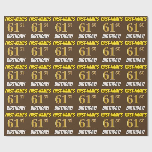 Papier Cadeau Brown, Faux/Imitation Gold, "61e ANNIVERSAIRE" (Plat)