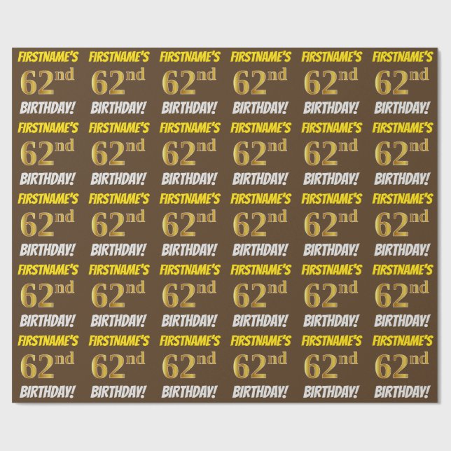 Papier Cadeau Brown, Faux/Imitation Gold, "62e anniversaire" (Plat)