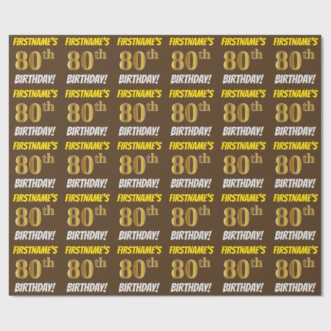 Papier Cadeau Brown, Faux/Imitation Gold, "80e ANNIVERSAIRE" (Plat)