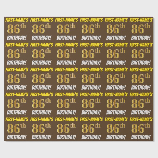 Papier Cadeau Brown, Faux/Imitation Gold, "86e ANNIVERSAIRE" (Plat)