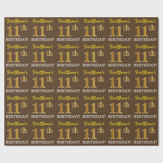 Papier Cadeau Brown, Imitation Gold Look "11ème anniversaire" (Plat)