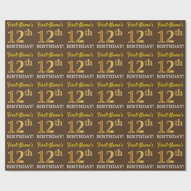 Papier Cadeau Brown, Imitation Gold Look "12ème anniversaire" (Plat)