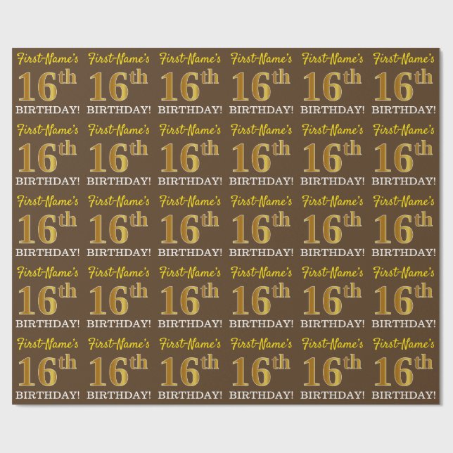 Papier Cadeau Brown, Imitation Gold Look "16ème anniversaire" (Plat)