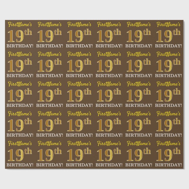 Papier Cadeau Brown, Imitation Gold Look "19ème anniversaire" (Plat)