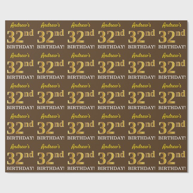 Papier Cadeau Brown, Imitation Gold Look "32e anniversaire" (Plat)