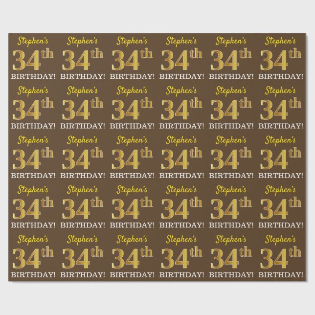Papier Cadeau Brown, Imitation Gold Look "34e anniversaire" (Plat)