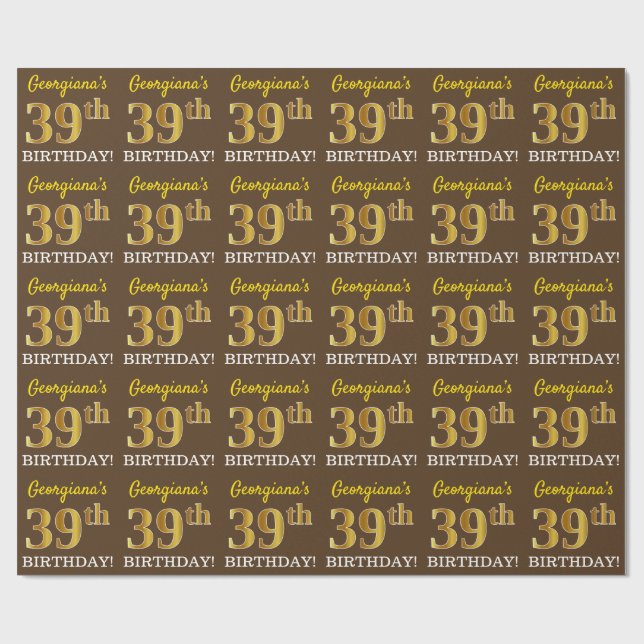 Papier Cadeau Brown, Imitation Gold Look "39ème anniversaire" (Plat)
