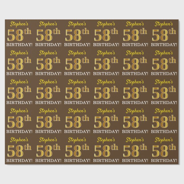 Papier Cadeau Brown, Imitation Gold Look "58ème anniversaire" (Plat)