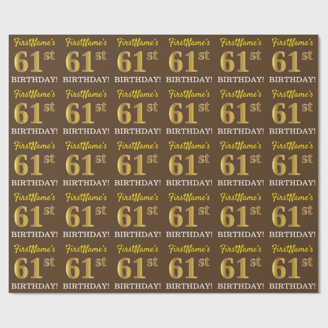 Papier Cadeau Brown, Imitation Gold Look "61ème anniversaire" (Plat)