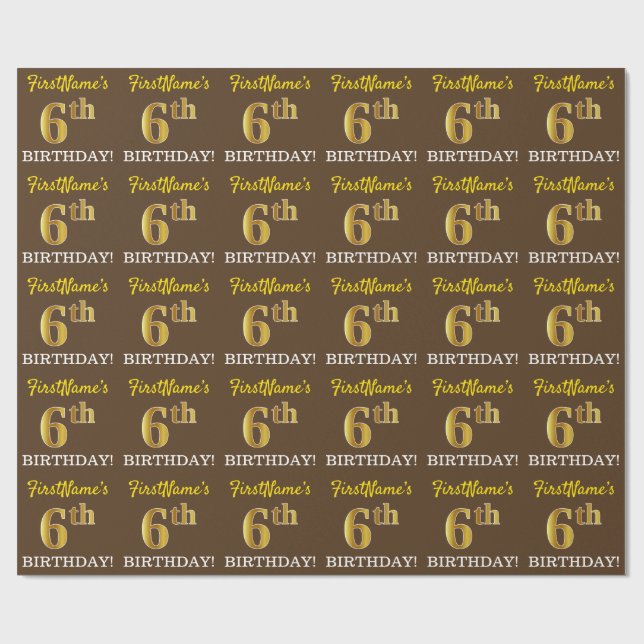 Papier Cadeau Brown, Imitation Gold Look "6e anniversaire" (Plat)