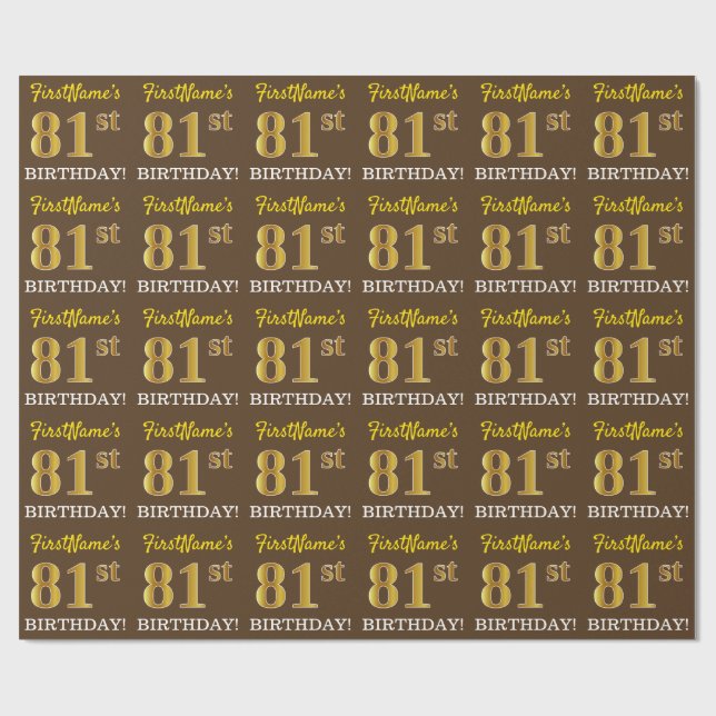 Papier Cadeau Brown, Imitation Gold Look "81ème anniversaire" (Plat)