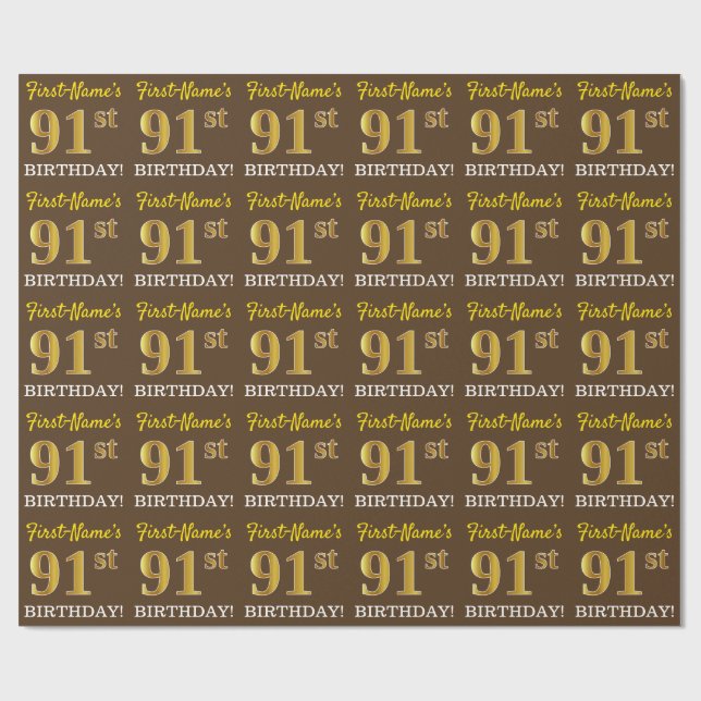 Papier Cadeau Brown, Imitation Gold Look "91ème anniversaire" (Plat)