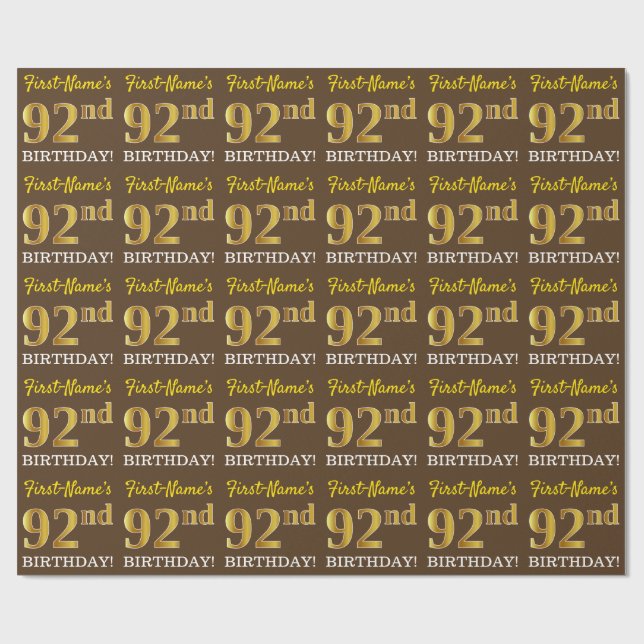 Papier Cadeau Brown, Imitation Gold Look "92e anniversaire" (Plat)