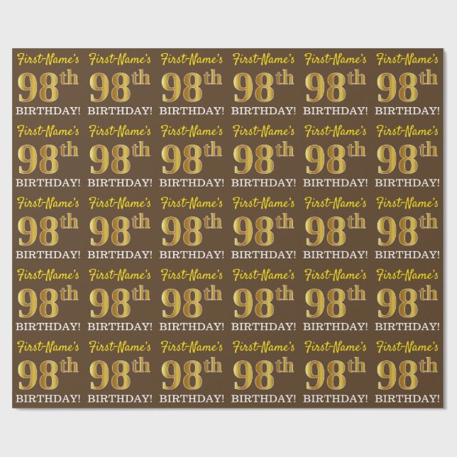 Papier Cadeau Brown, Imitation Gold Look "98ème anniversaire" (Plat)