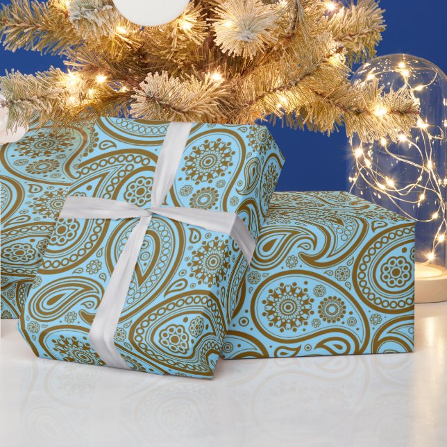 Papier Cadeau Brown Vintage Paisley Custom Blue Arrière - plan (Vacances)
