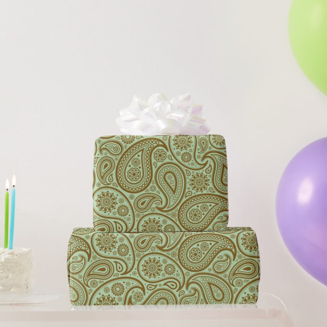Papier Cadeau Brown Vintage Paisley Custom Green Background (Cadeaux de fête)