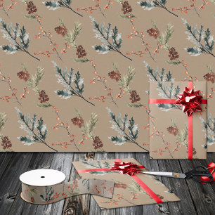Papier Cadeau Broyures Rustiques Kraft Juniper Pine Cones Red Il