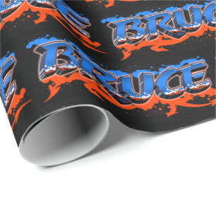 Papier Cadeau Bruce prénom Graffiti blue orange