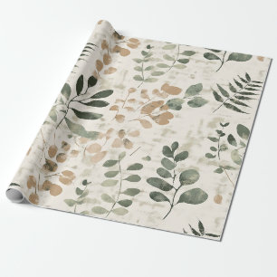 Papier Cadeau Brun doré rustique et feuilles vertes sur crème