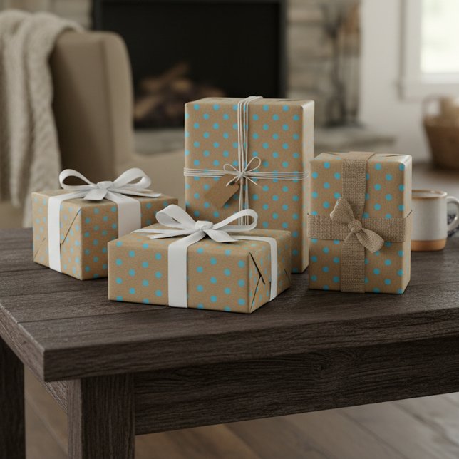 Papier Cadeau Brun Kraft Faux Rustique avec Points Bleu Vert Tea (Créateur téléchargé)