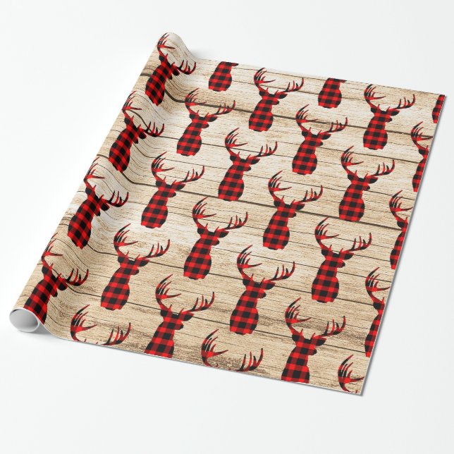 Papier Cadeau Buck Deer Chasse Rouge Noir Plaid Noël Wrappi (Déroulé)