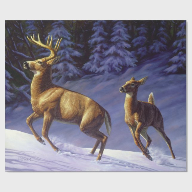 Papier Cadeau Buck & Doe de cerf blanc en neige hivernale (Plat)