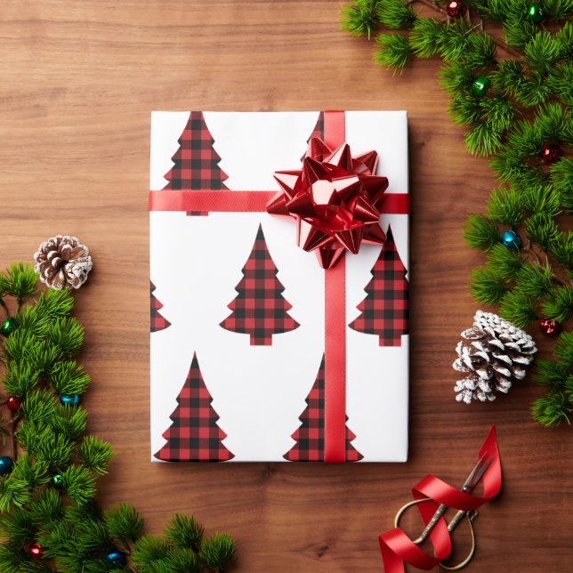 Papier Cadeau Buffalo Check Pine Trees Rustic Wrapper Papier (Cadeau de vacances)
