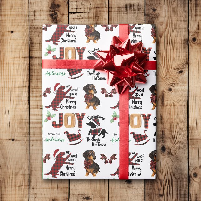 Papier Cadeau Buffalo Plaid Dachshund Chien Christmas Joie (Créateur téléchargé)